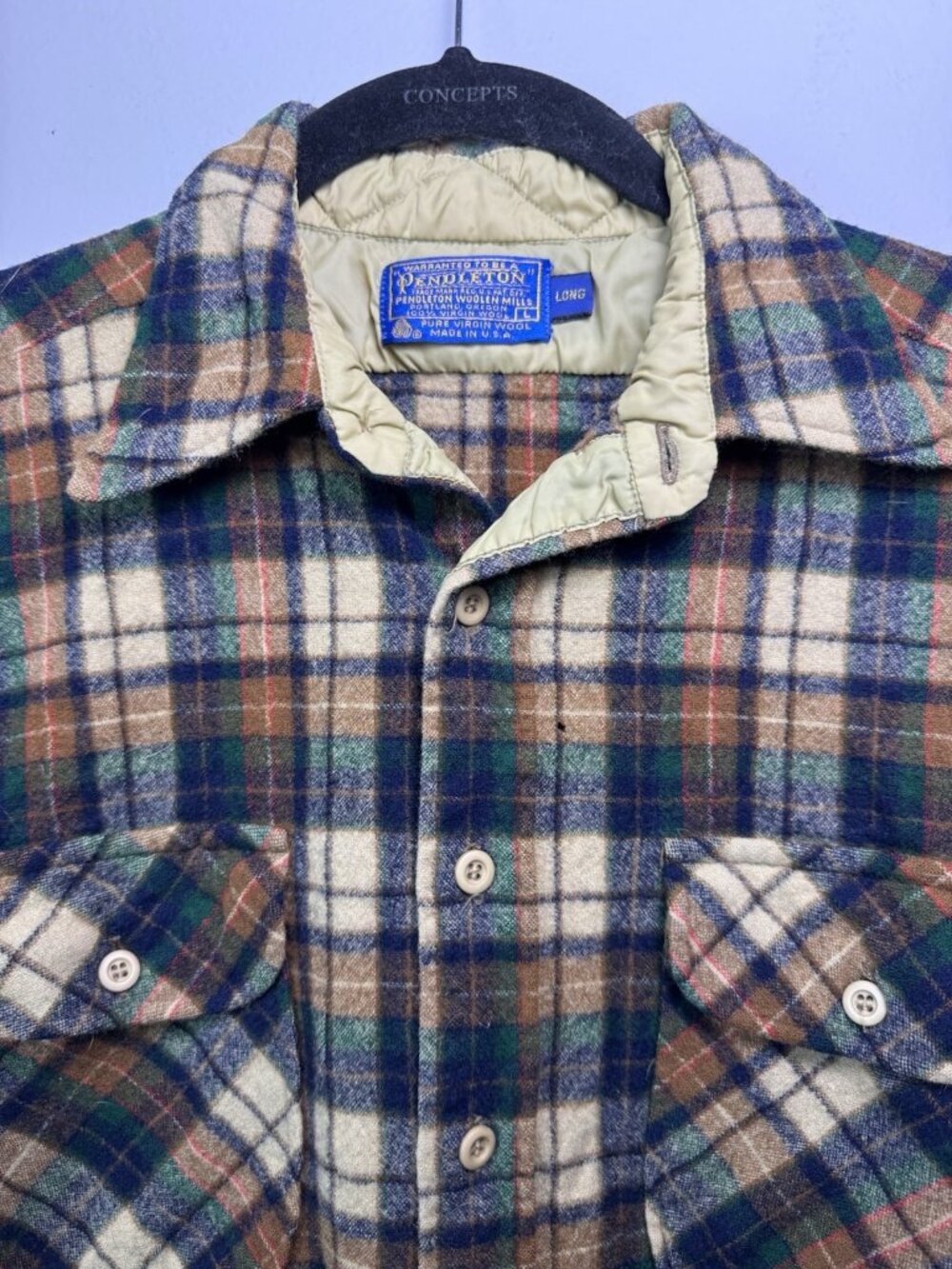 VTG Pendleton Board Shirt Men L Long Plaid Brown Tan Flap Pocket Wool